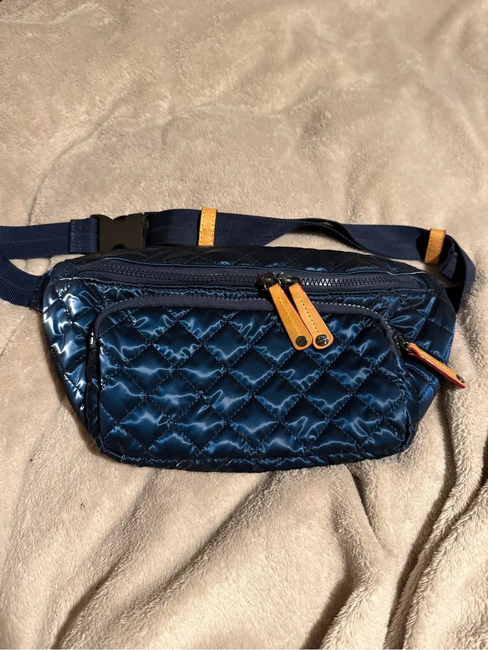MZ Wallace Quilted Navy Blue Belt Bag with Tan Accents - Picture 1 of 6